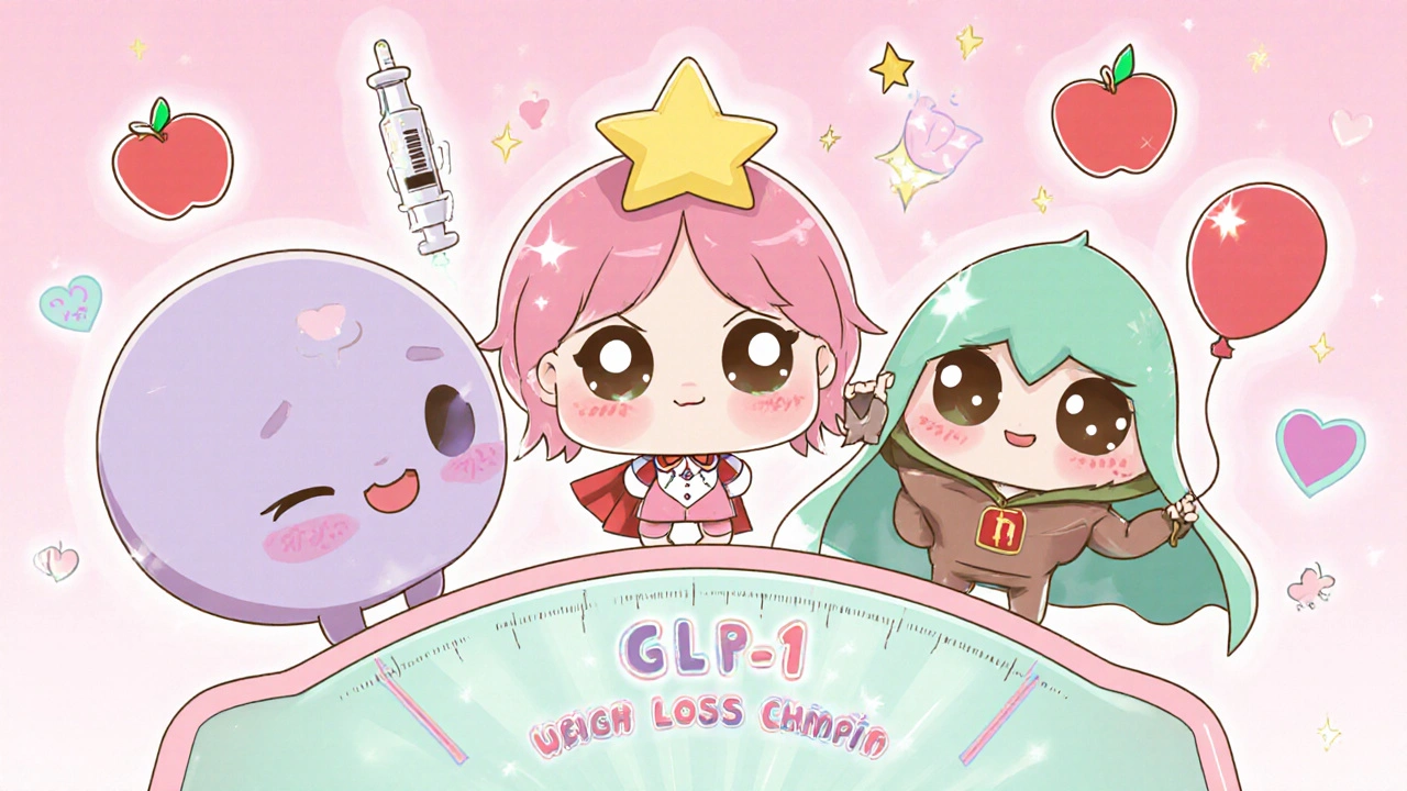 Adorable cartoon GLP-1 drug characters standing on a scale, holding syringes shaped like stars and balloons.