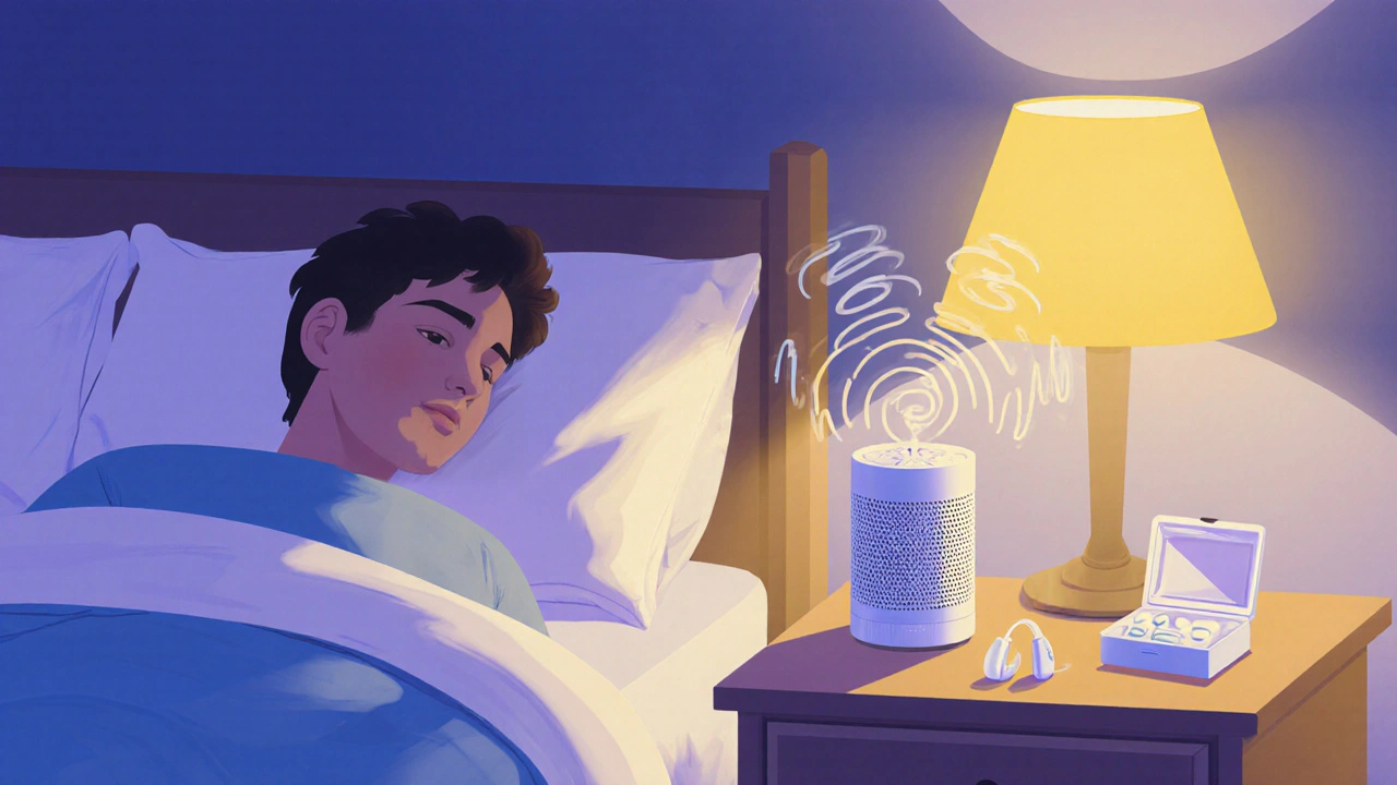 Bedroom at night with white‑noise machine and medication suggesting tinnitus care.