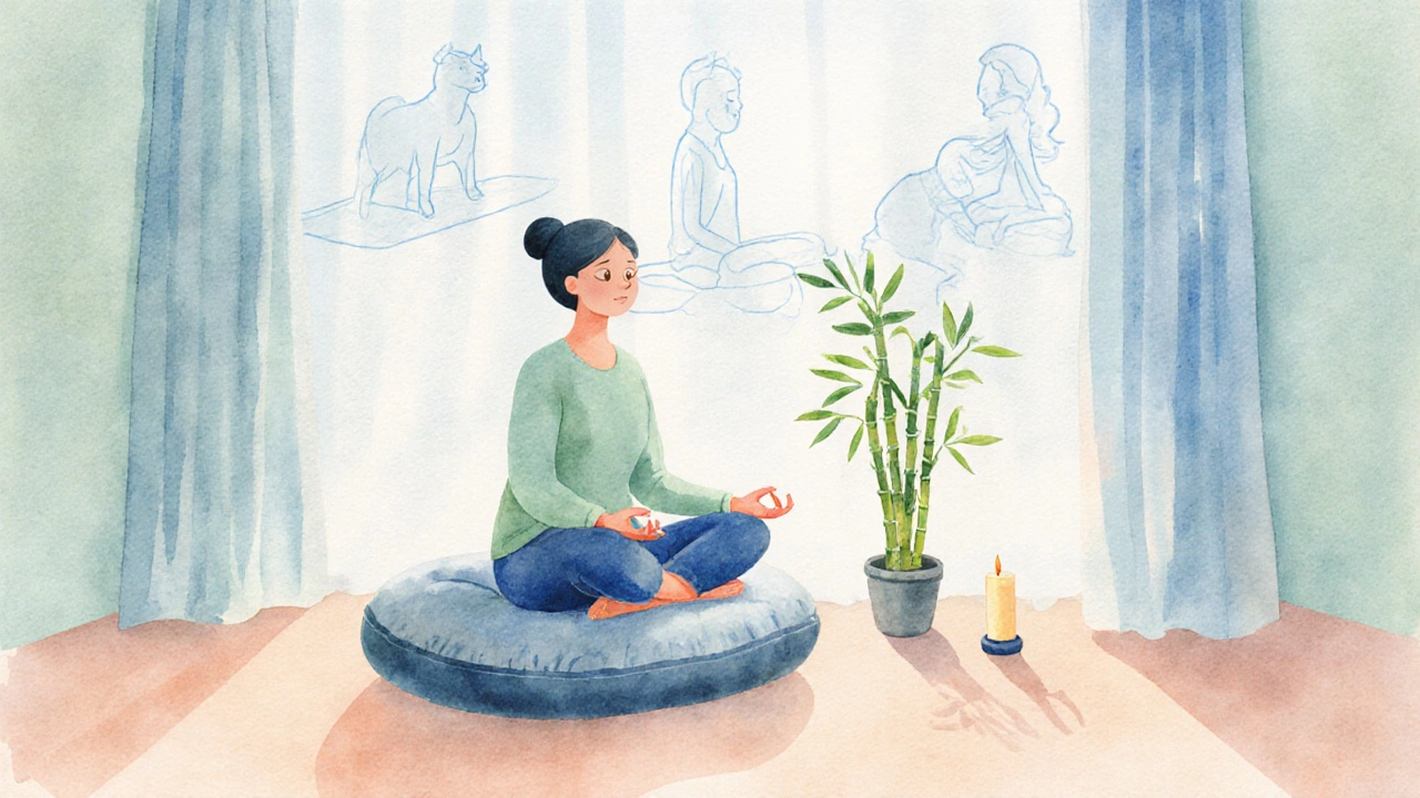 Calm indoor meditation space with person meditating, pastel colors and soft light.