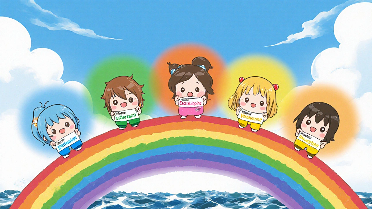 Cartoon characters holding different antidepressant pills on a rainbow bridge with colored auras.