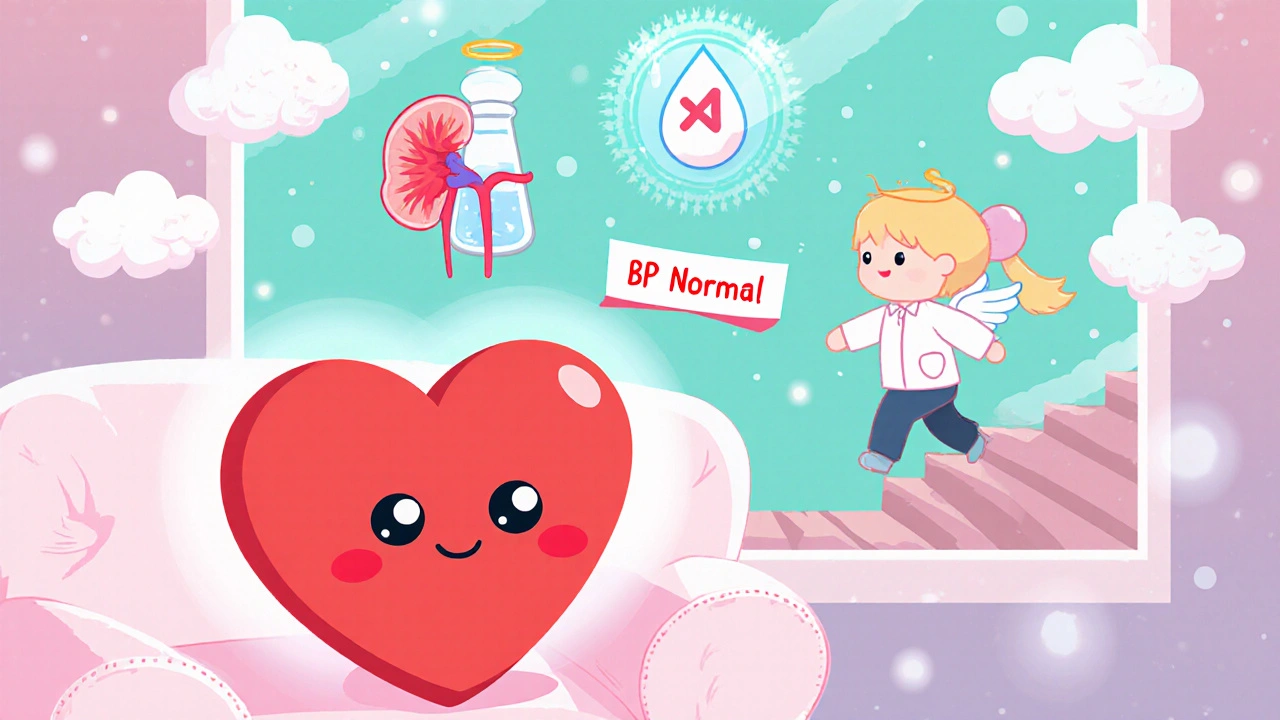Cartoon heart healing with symbols of reduced salt, fluid, and normal blood pressure.