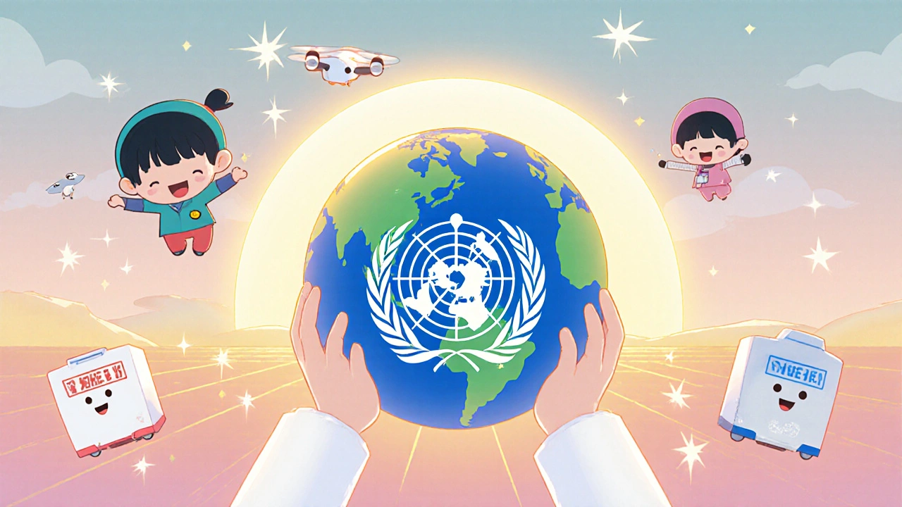 Chibi doctor holding glowing globe with happy drones delivering medicine.