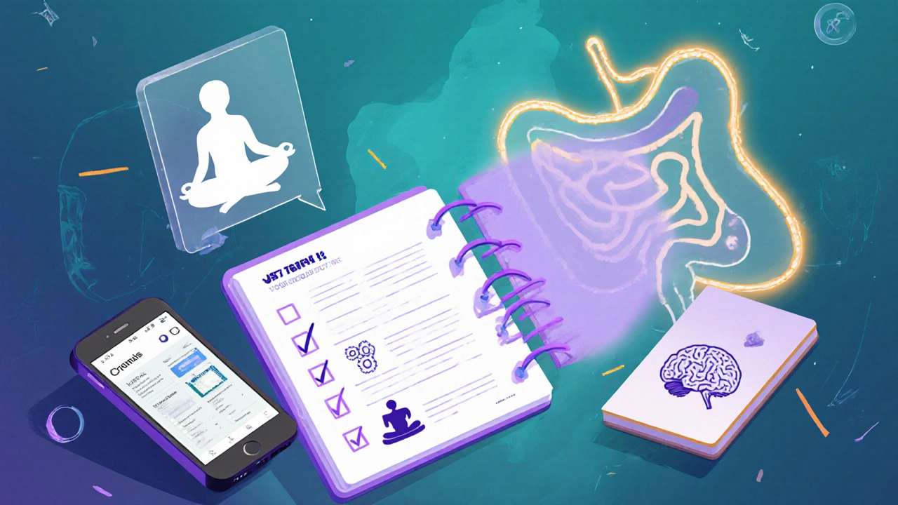 Collage of planner, health app, and icons for meditation, yoga, CBT, and breathing.