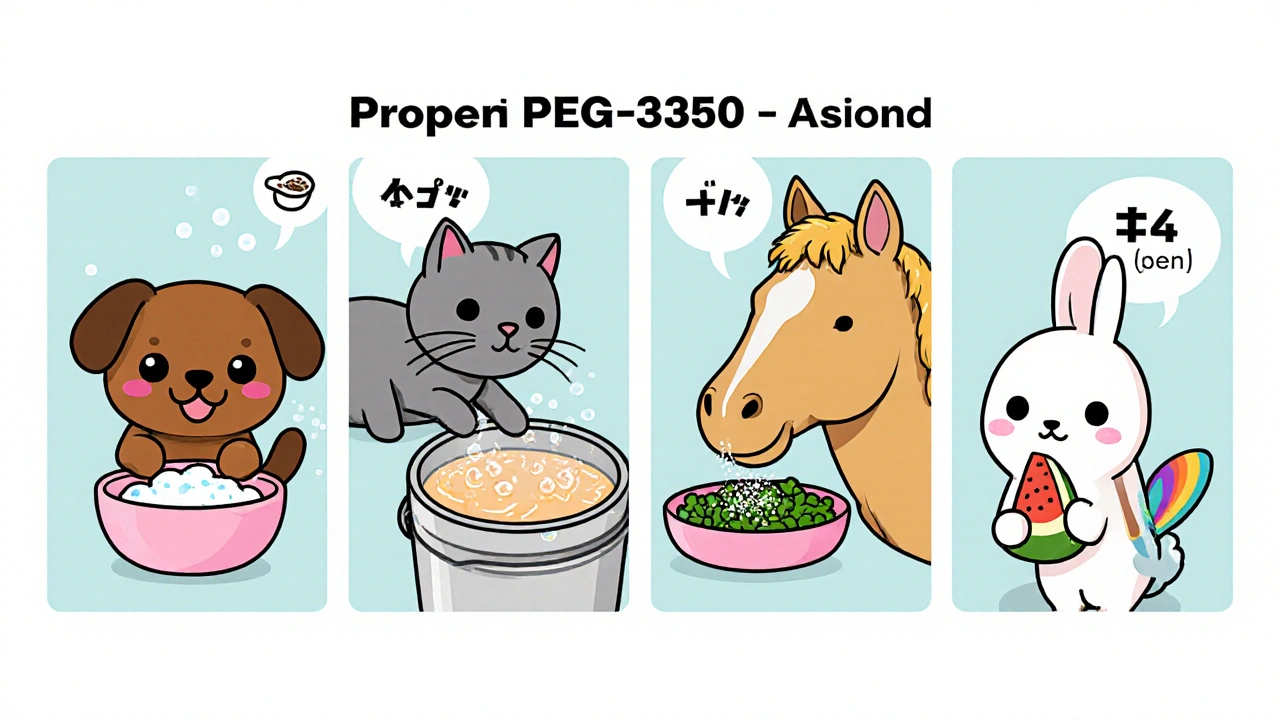 Cute panels showing a puppy, cat, horse, rabbit, and bird each receiving PEG 3350 dosage.