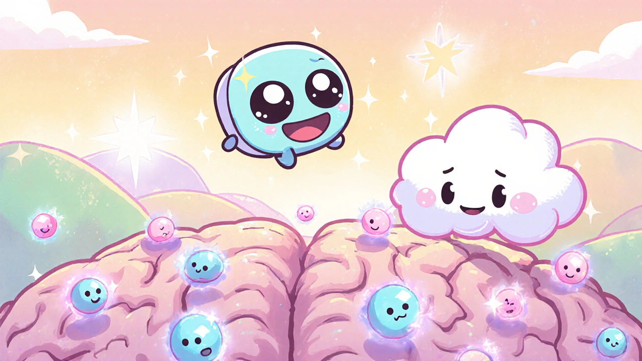 Cute Rasagiline pill character boosting glowing dopamine molecules in a brain.