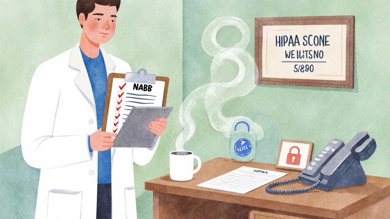 Desk with checklist, pharmacist holding tablet showing verification seal.