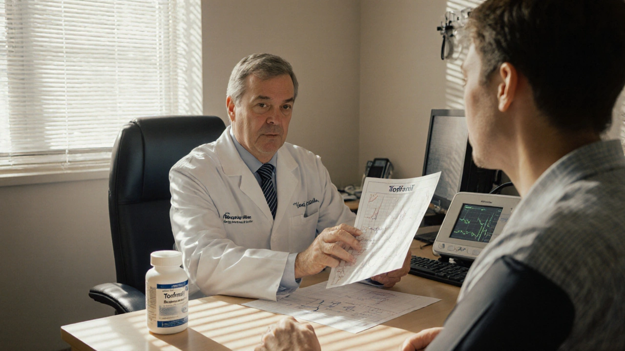 Doctor and patient discussing medication options in a bright exam room with ECG monitor and blood pressure cuff.