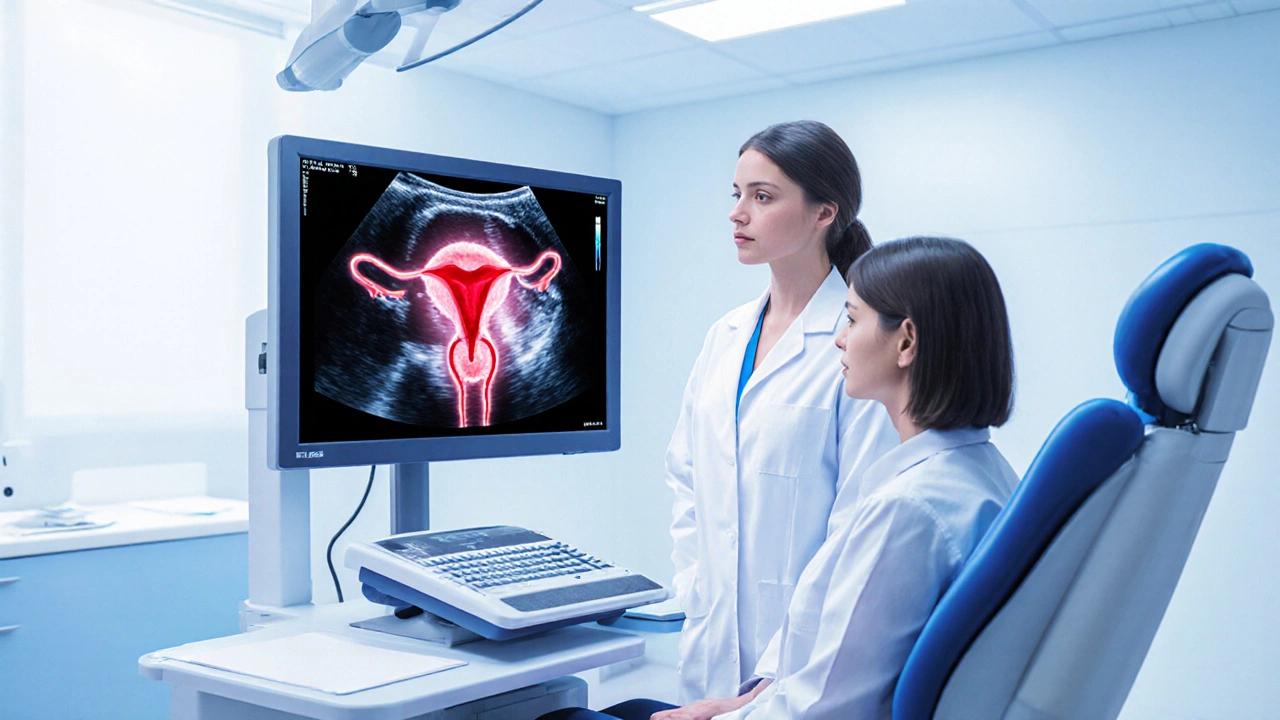 Doctor showing a transvaginal ultrasound image of a thickened uterine lining to a patient.
