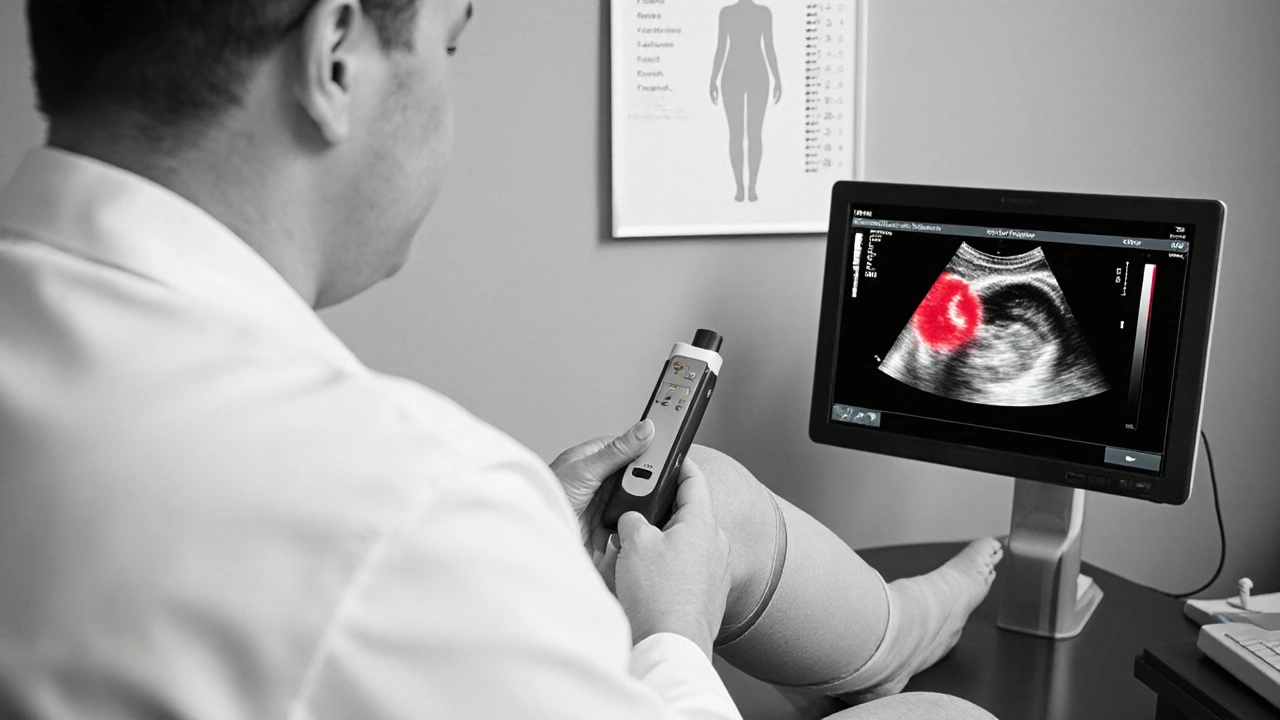 Doctor using ultrasound to detect a clot in a patient's leg.
