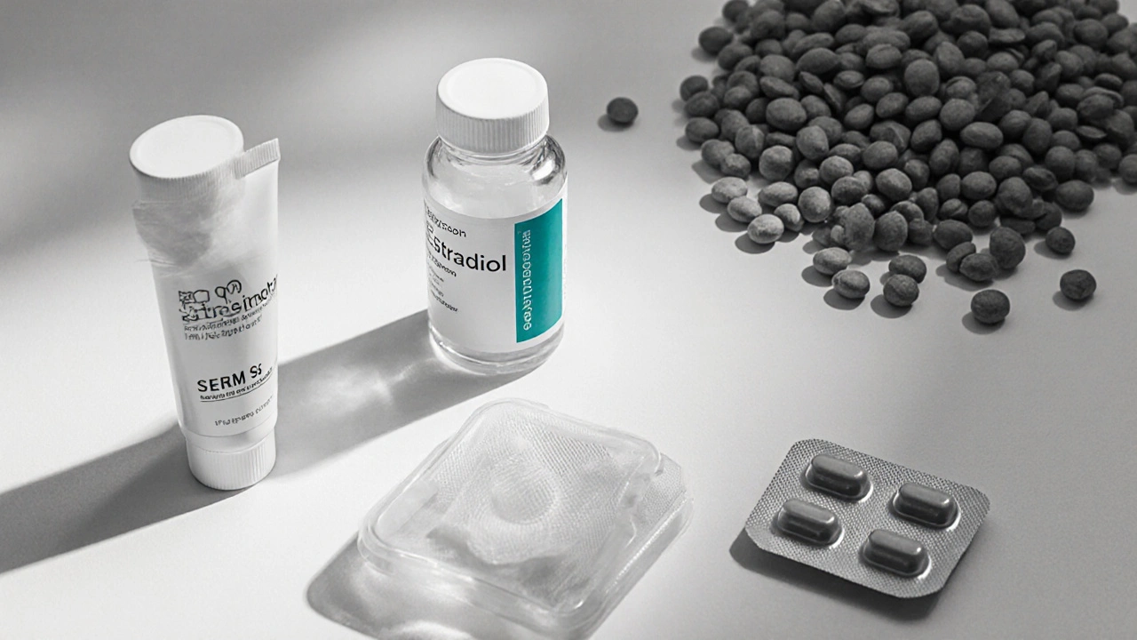 Flat lay of hormone therapy items: tablets, patch, cream, SERMs, soybeans.