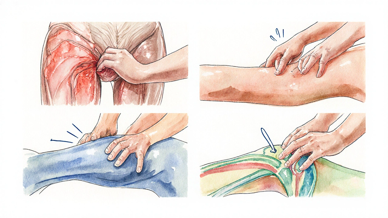 Four watercolor panels showing myofascial release, trigger point, Swedish massage, and joint mobilization.