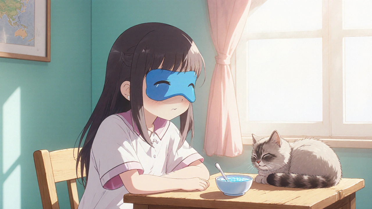 Girl using a cold compress on her eyes with a cat beside her in a cozy room.