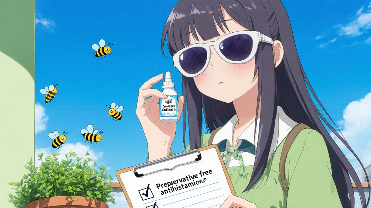 Girl wearing sunglasses, applying eye drops while holding a checklist on a balcony.