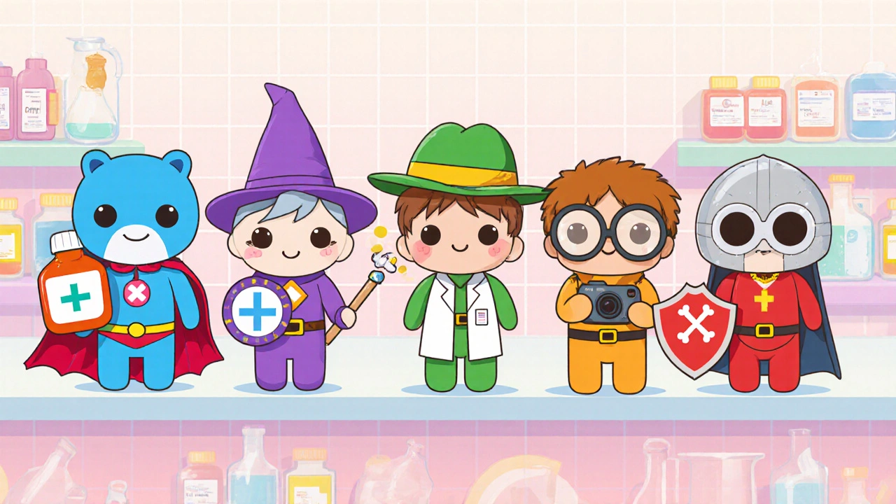 Group of five kawaii antibiotic characters displayed on a pastel pharmacy shelf.