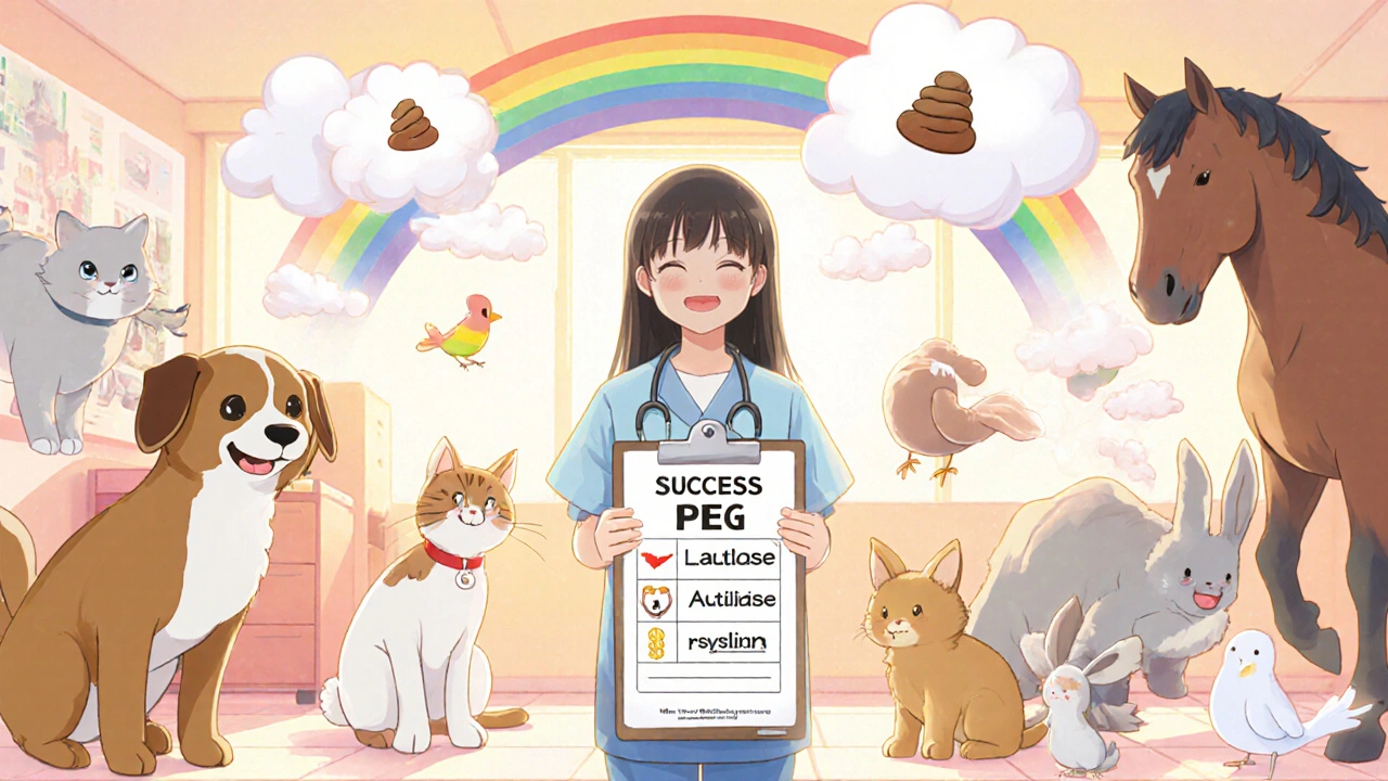 Happy animals smiling after treatment, vet showing a comparison chart in a bright clinic.