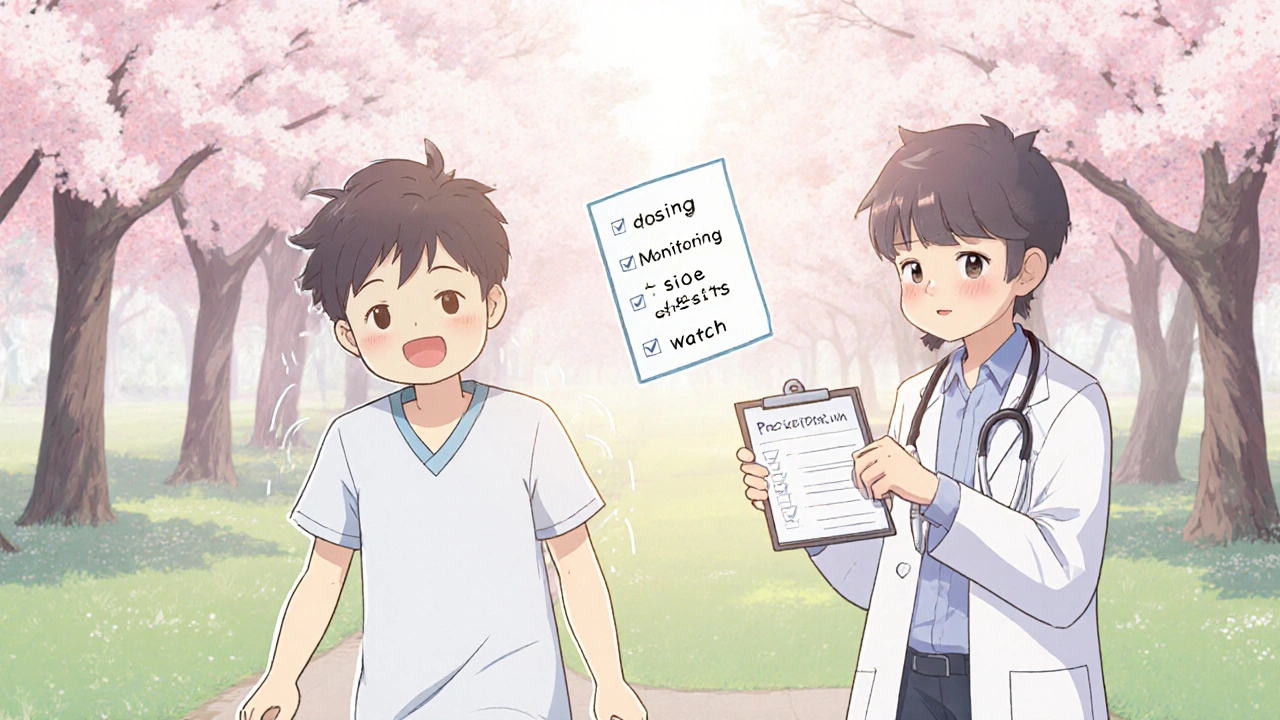 Happy patient walking in a park with doctor offering a prescription and checklist.