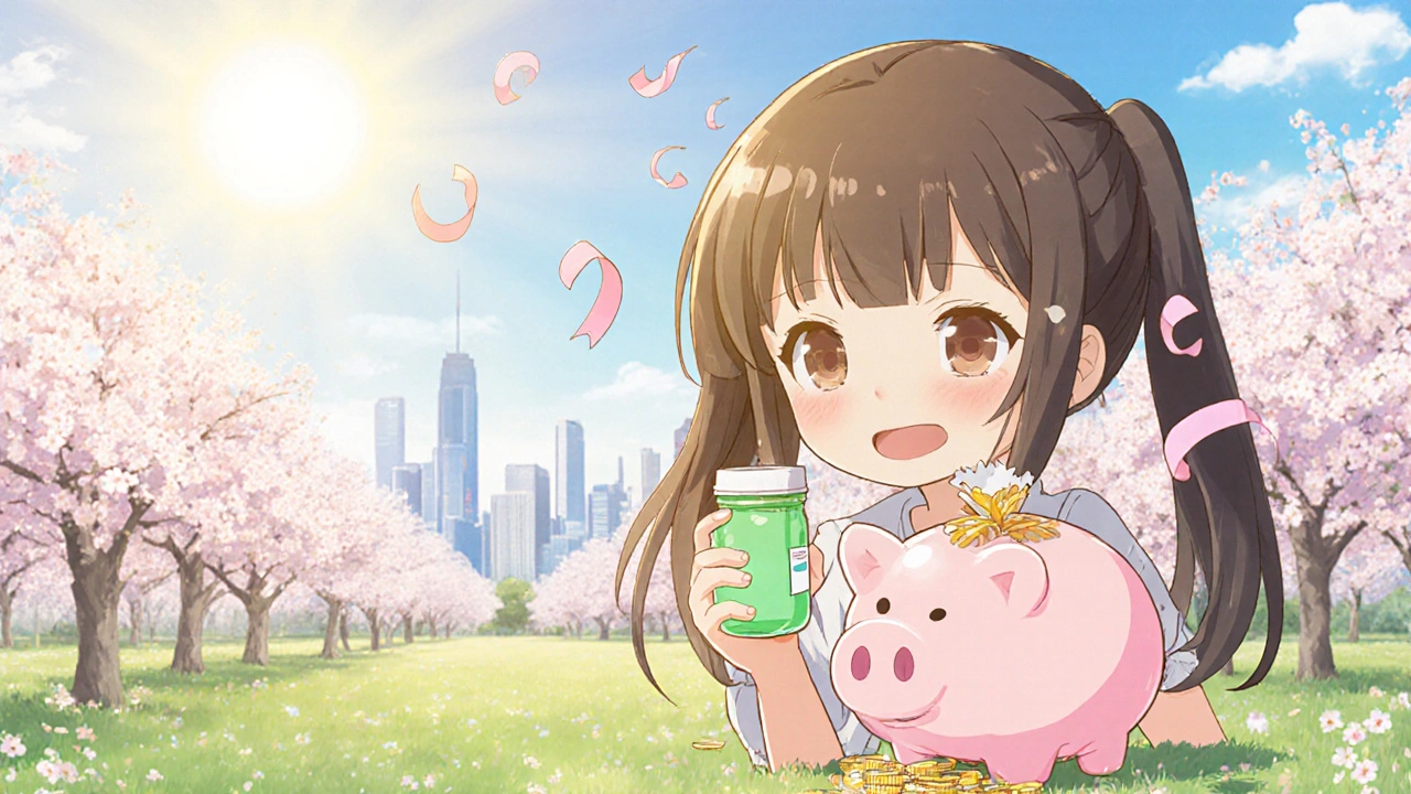 Happy person holds a pill bottle next to an overflowing piggy bank in a sunny park with cherry blossoms.
