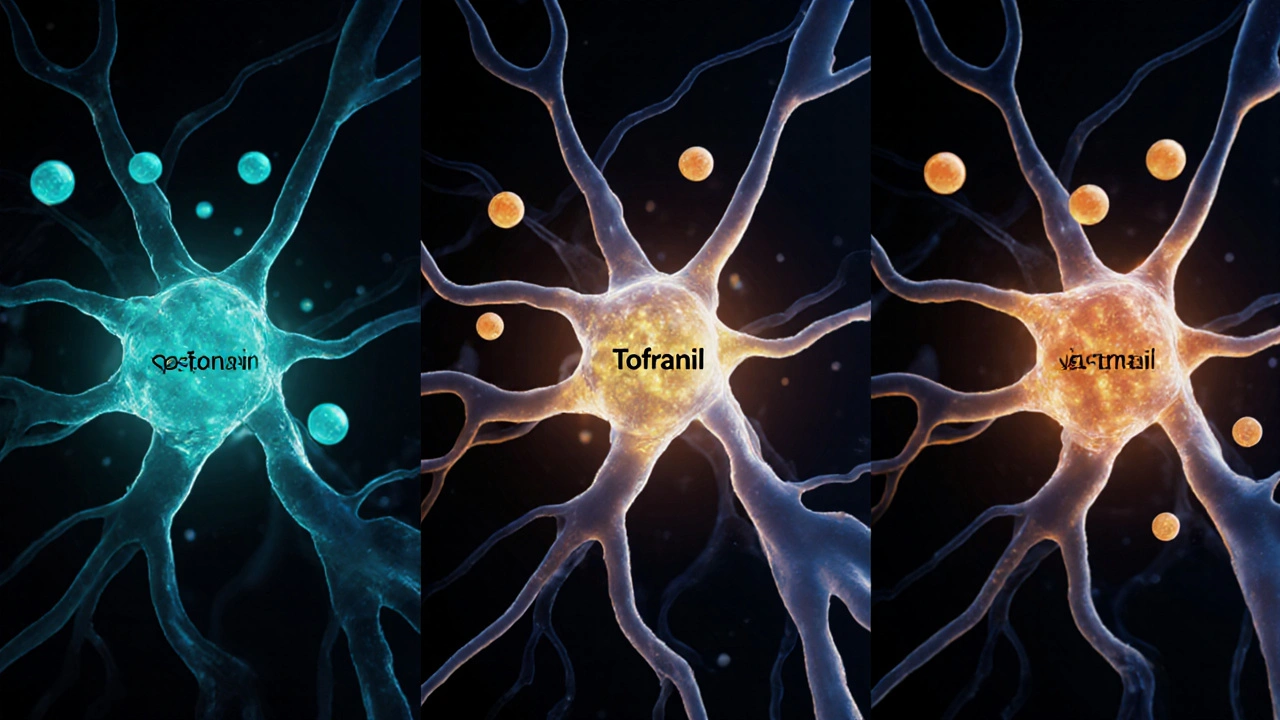 Illustrated brain synapse glowing with serotonin and norepinephrine, Tofranil molecule blocking reuptake.