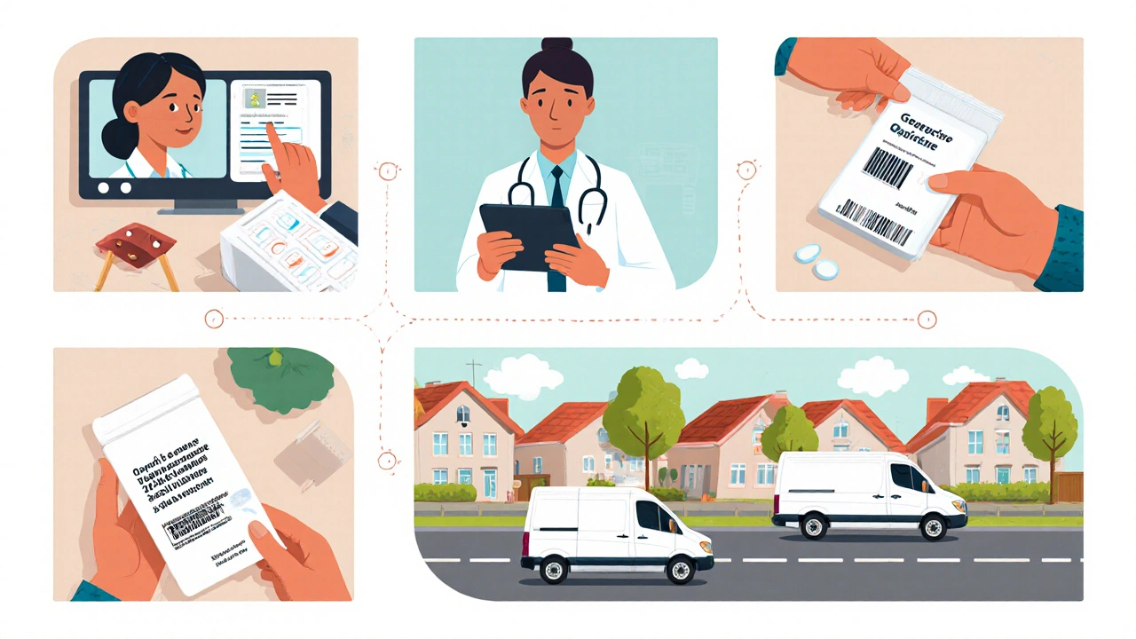 Illustrated sequence of video consult, prescription upload, packaging, delivery, and pill check.