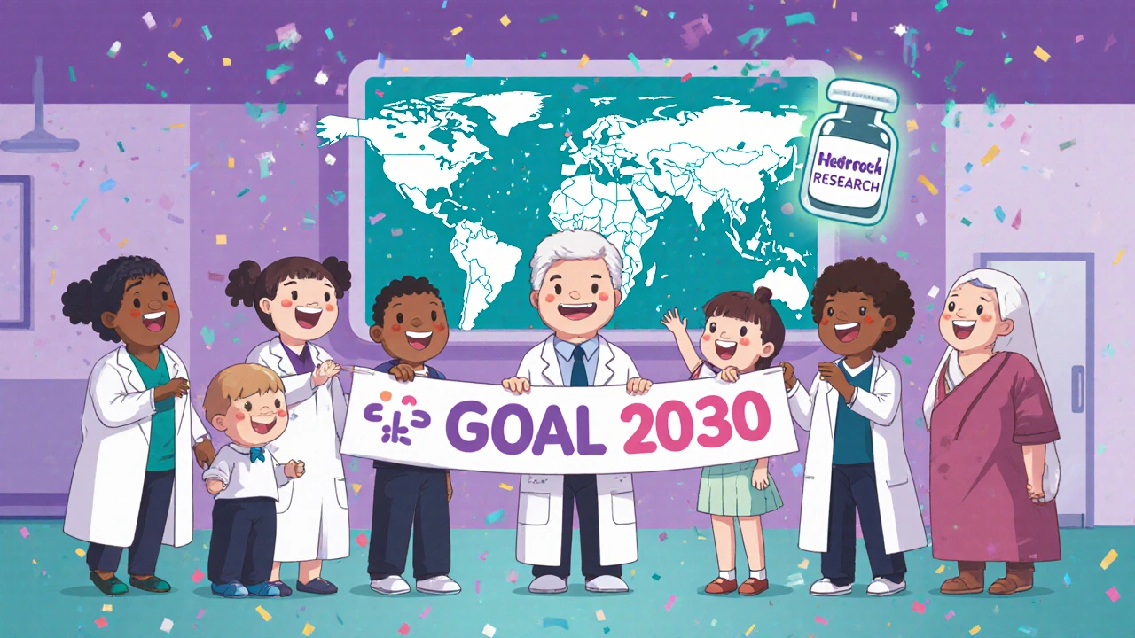 Joyful celebration of leprosy eradication goal with AI map and glowing vaccine vial.