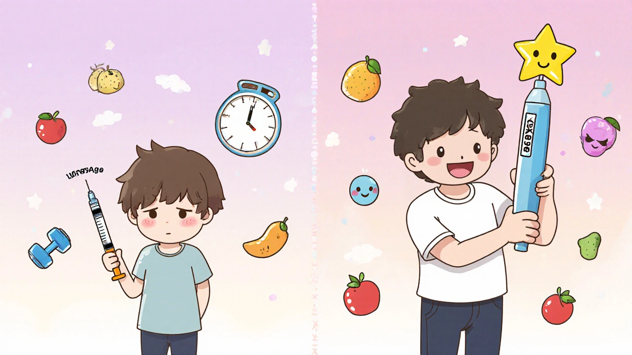 Kawaii comparison: tired person with daily syringe vs. happy person with giant weekly Ozempic pen.