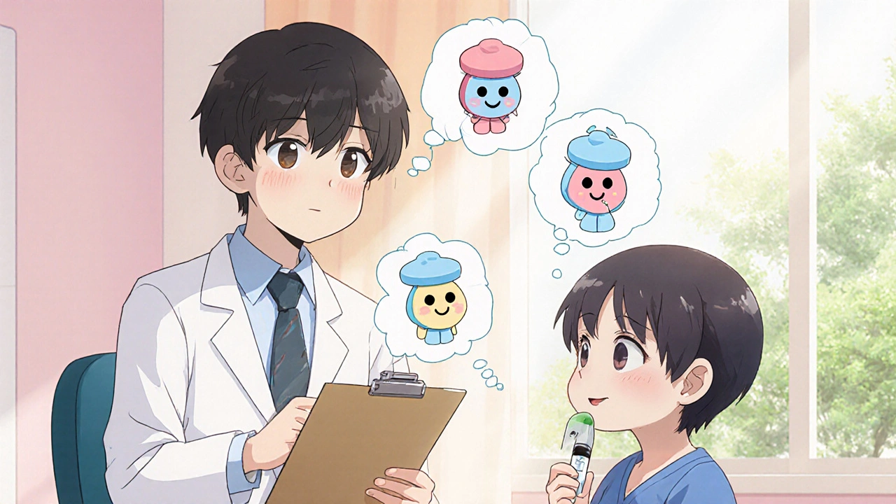 Kawaii doctor and patient discussing treatment with floating antibiotic character bubbles.