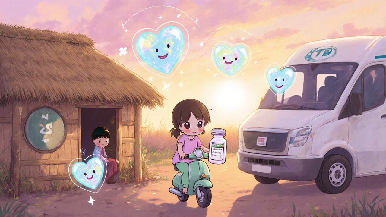 Kawaii health worker delivers leprosy medication in a village with floating digital health icons.