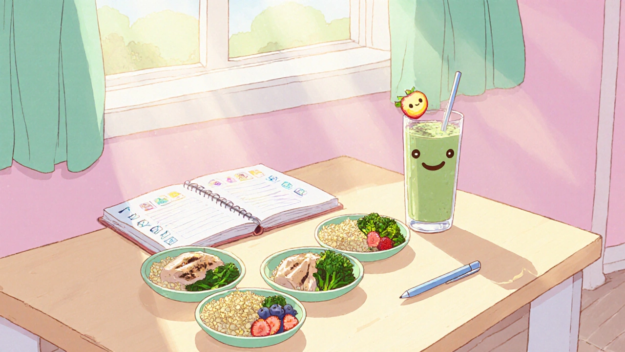 Kawaii kitchen with mini-meals, smoothie, food diary and cheerful character preparing balanced snacks.
