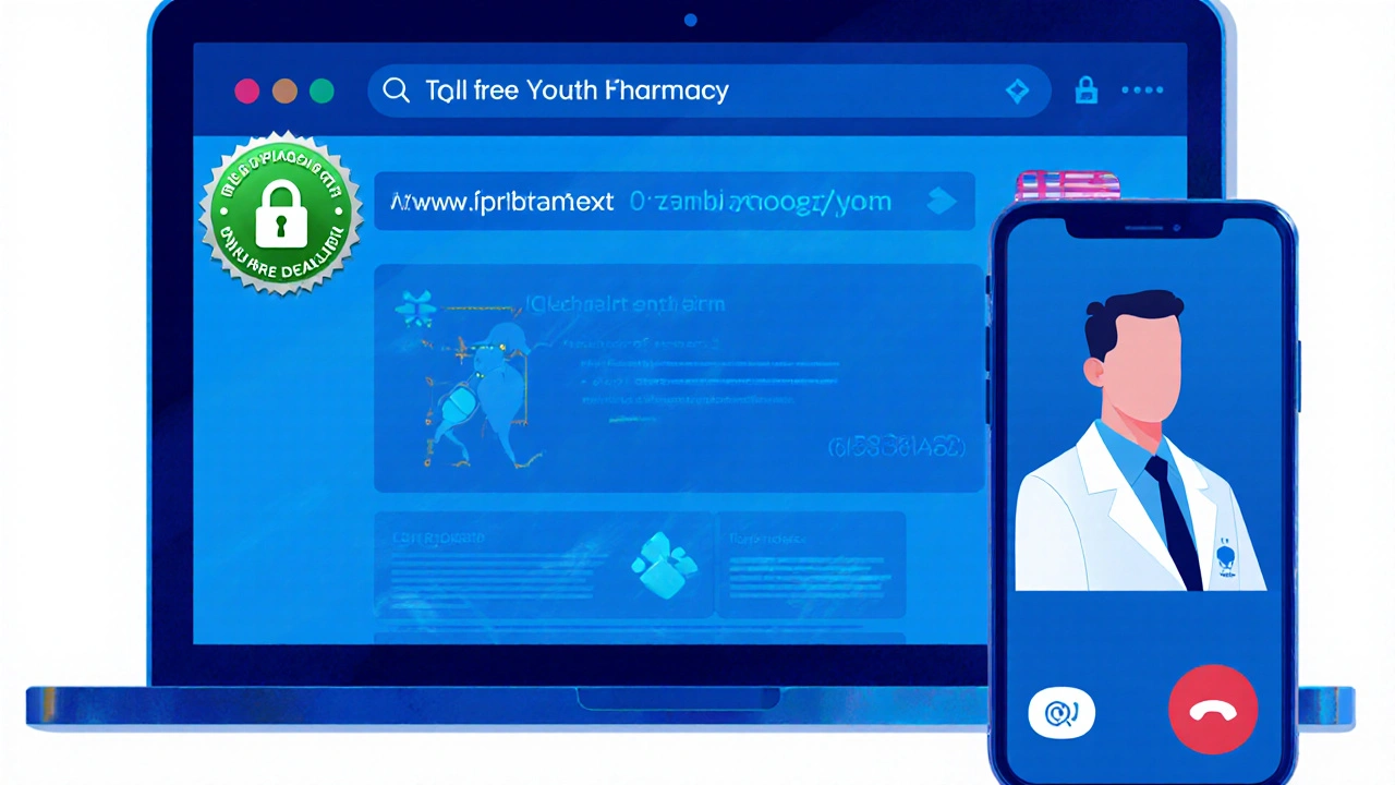 Laptop and phone screens showing a verified pharmacy site and a telehealth video call.