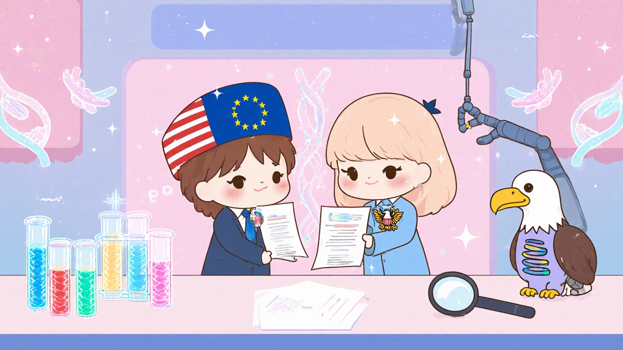 Mascot characters representing EMA and FDA exchange certificates beside lab equipment in pastel colors.