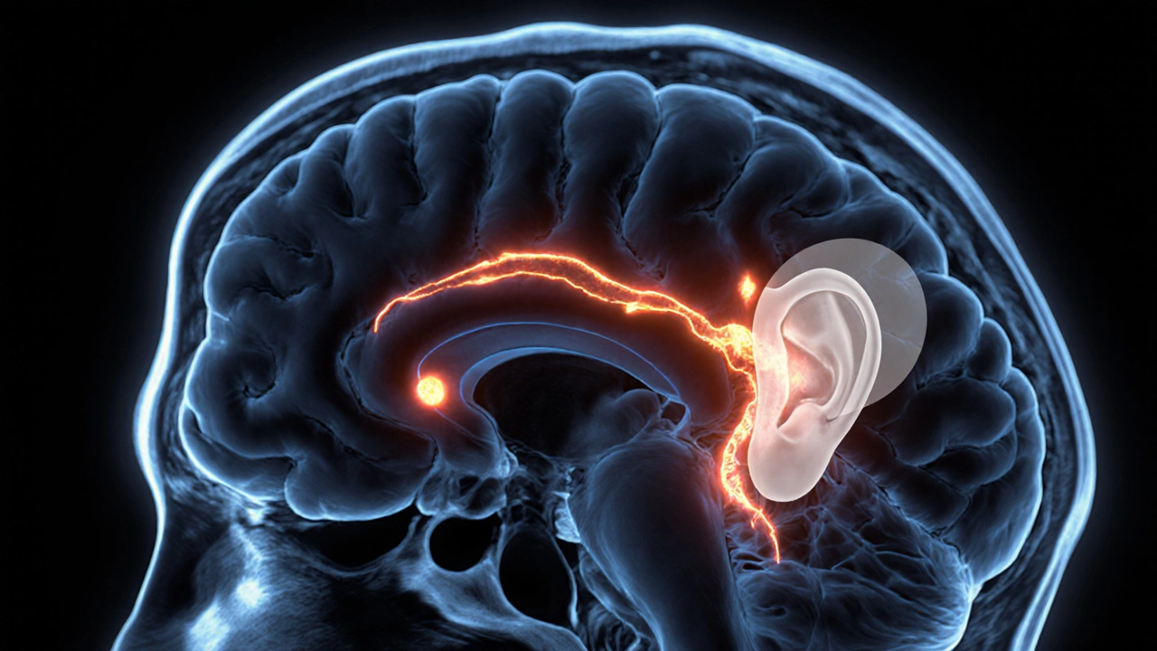 MRI brain view highlighting orange lesions near auditory pathways.