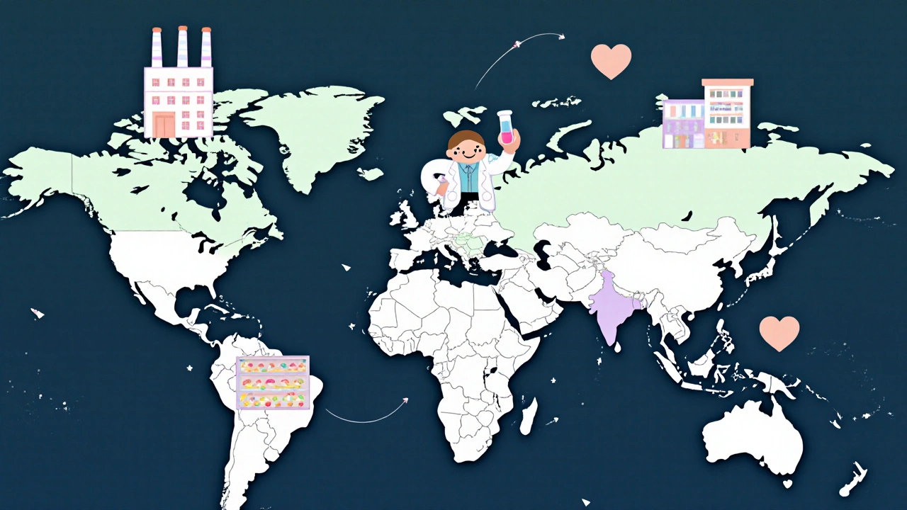 Pastel world map with smiling factories and pharmacies connected by arrows.