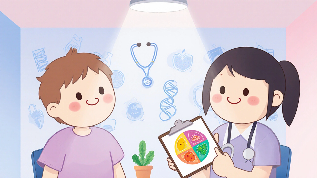 Patient and dietitian smiling, reviewing a balanced plate chart in pastel kawaii anime style.