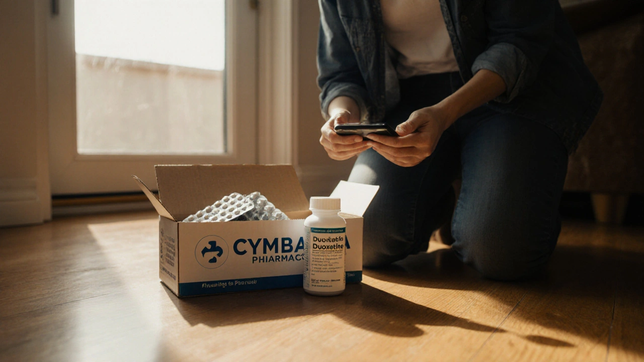 Person opening a delivery box and inspecting a sealed generic Cymbalta blister pack at home.