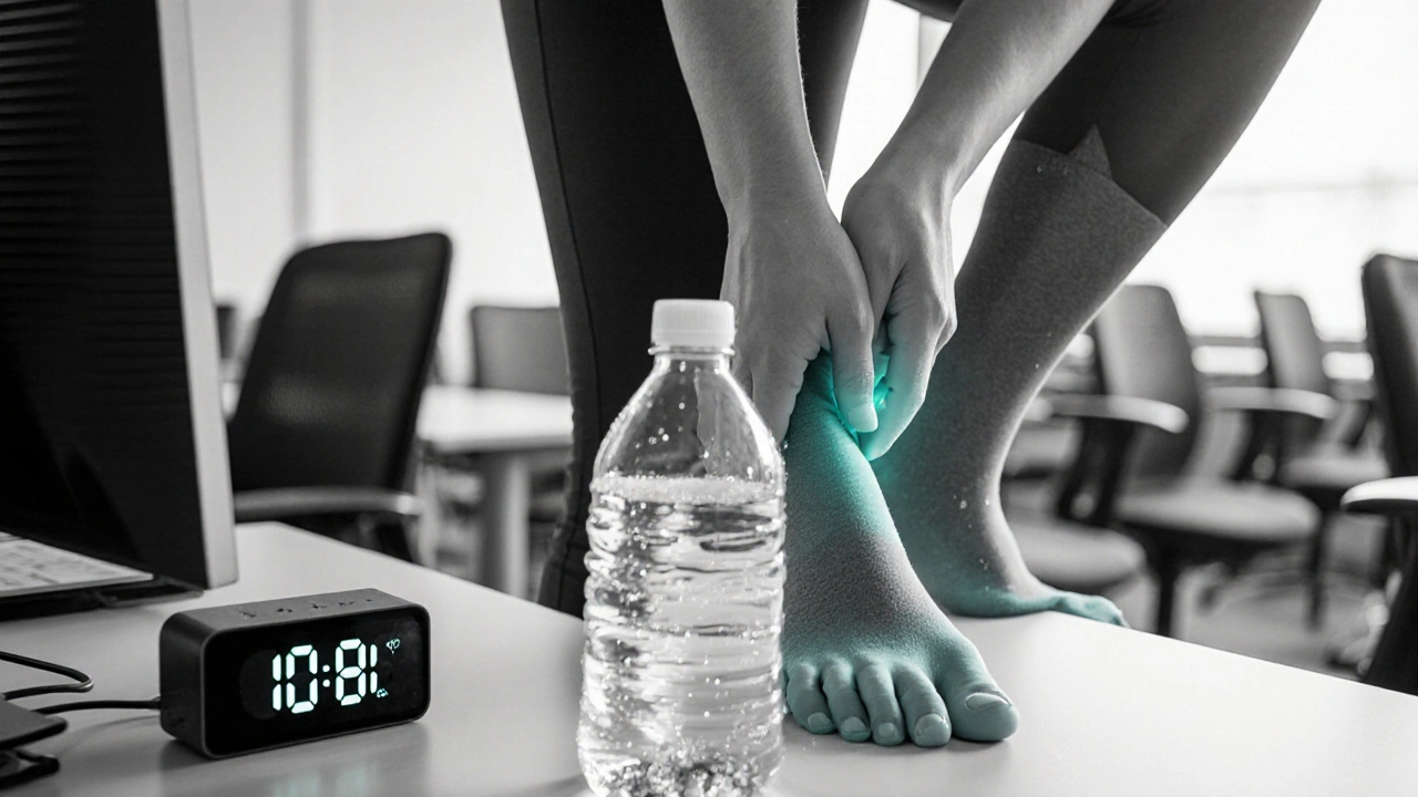 Person practicing movement, drinking water, and wearing compression stockings.
