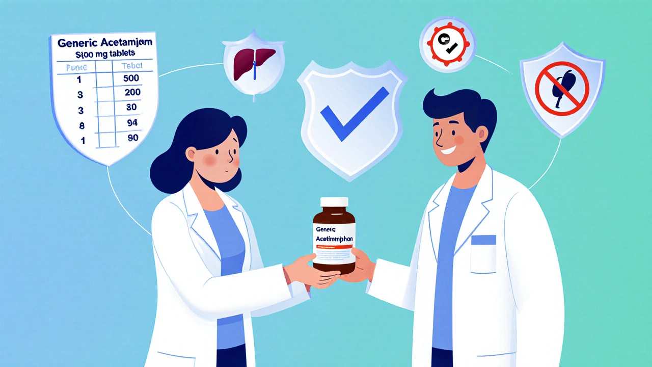 Pharmacist giving a bottle of generic acetaminophen with dosage and safety icons.