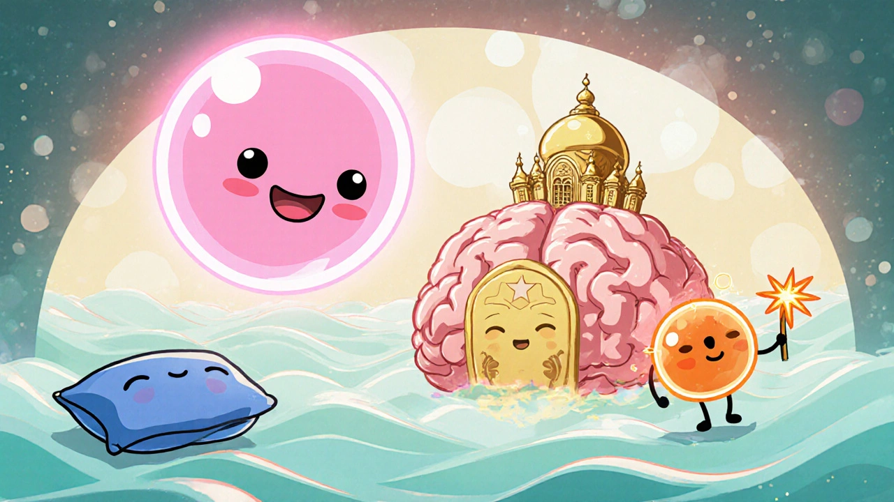 Playful neurons with smiling dopamine, GABA, and glutamate around a brain.