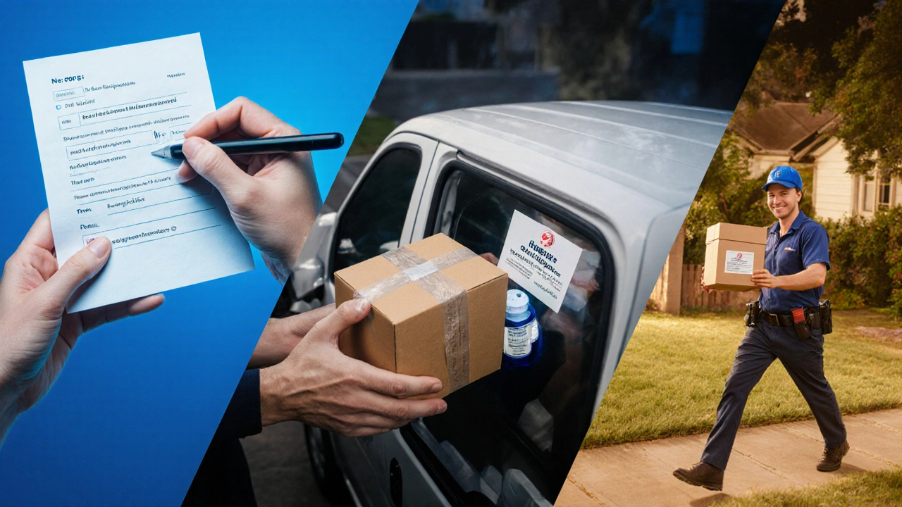 Series of steps showing prescription, secure website, delivery, opening medication box.