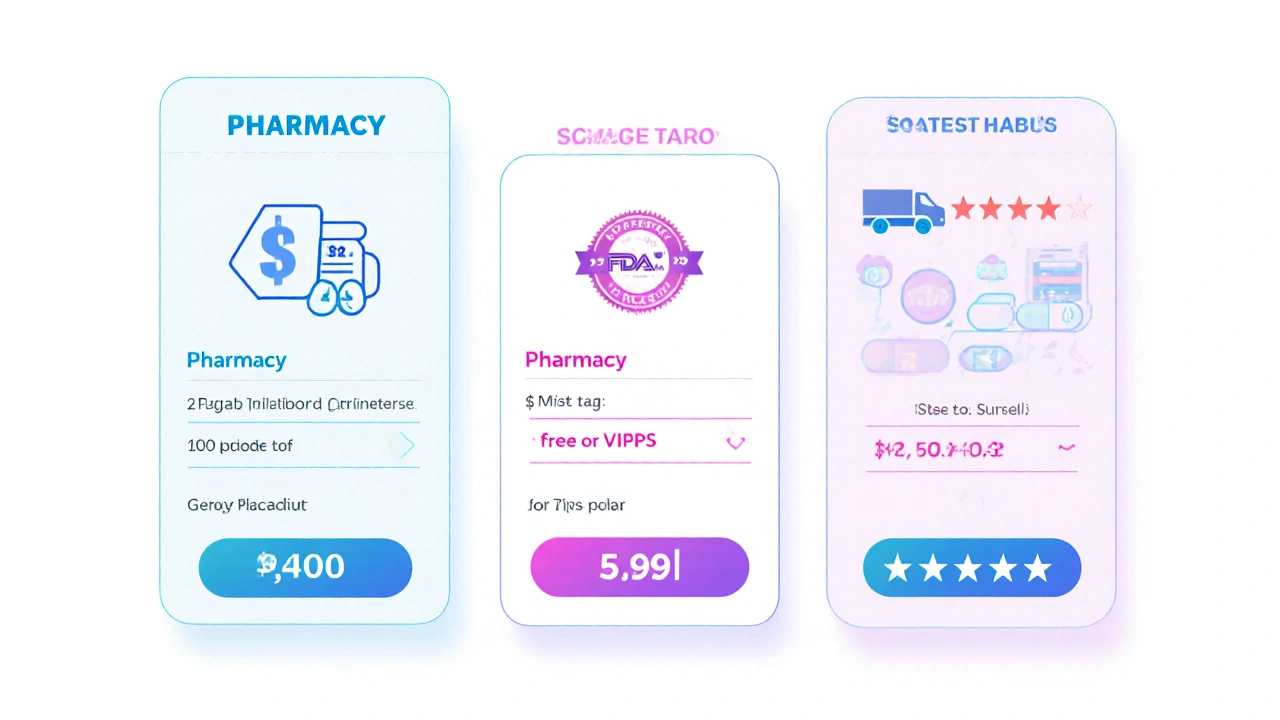 Three comparison cards showing price, shipping, certification, and rating for online pharmacies.