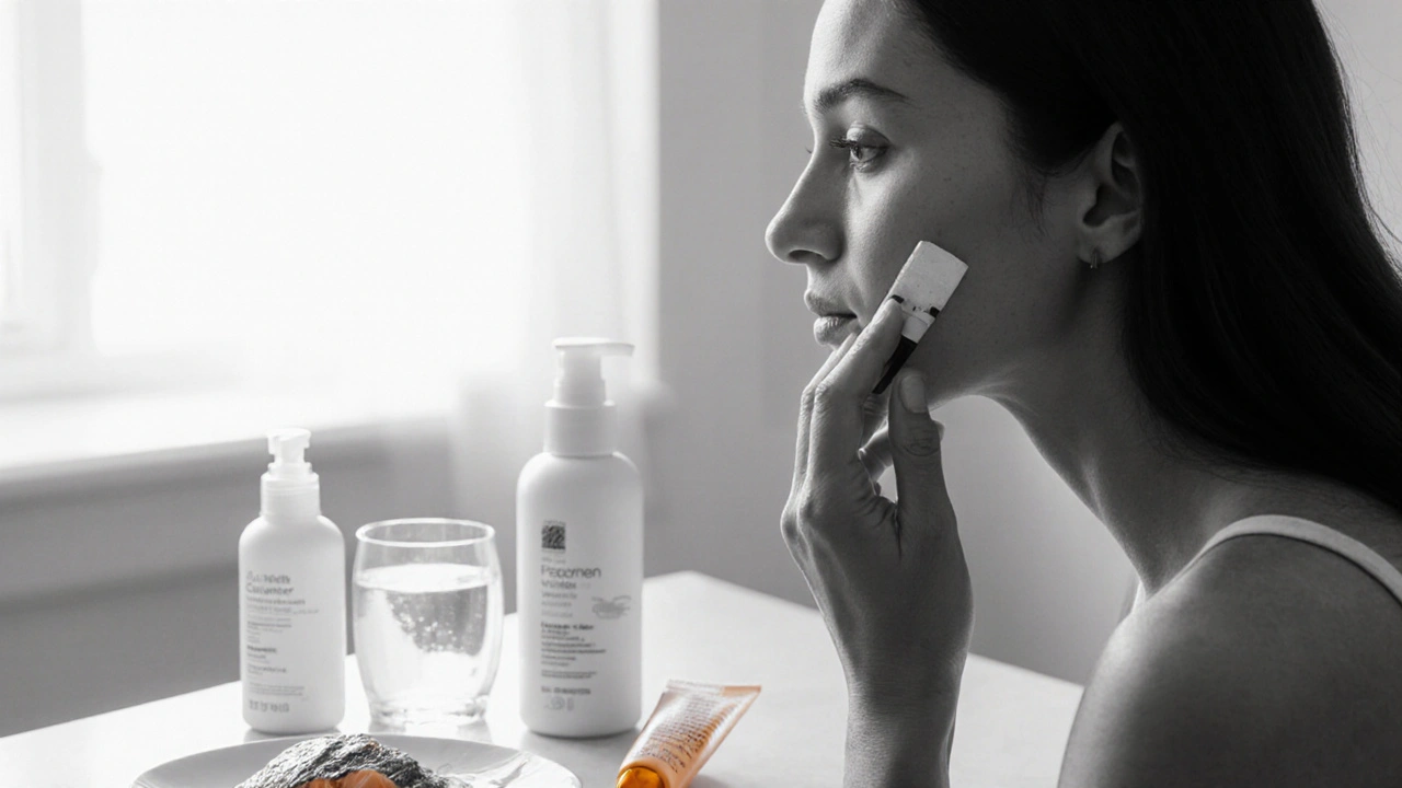 Woman applying moisturizer and estrogen cream, surrounded by skincare products.