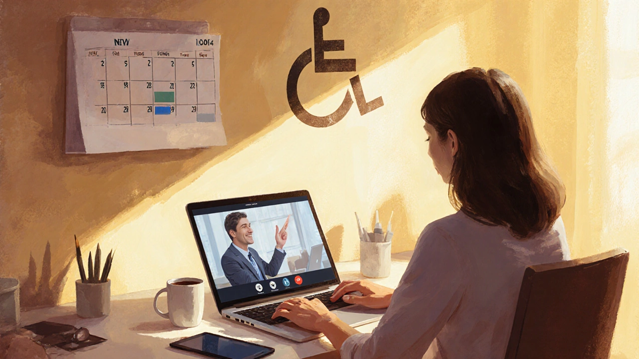 Woman video‑chatting with a supportive manager, planning flexible work accommodations.