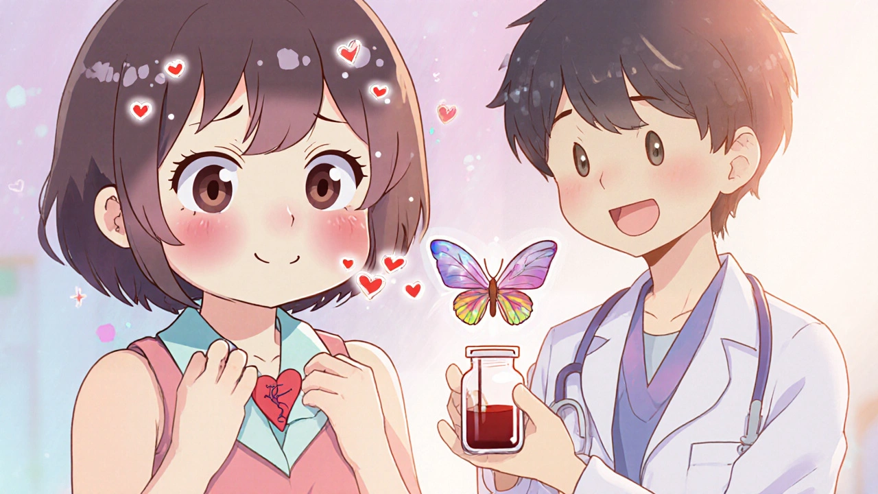 Young person with trembling hands, fast pulse monitor, and doctor with antibody hearts.