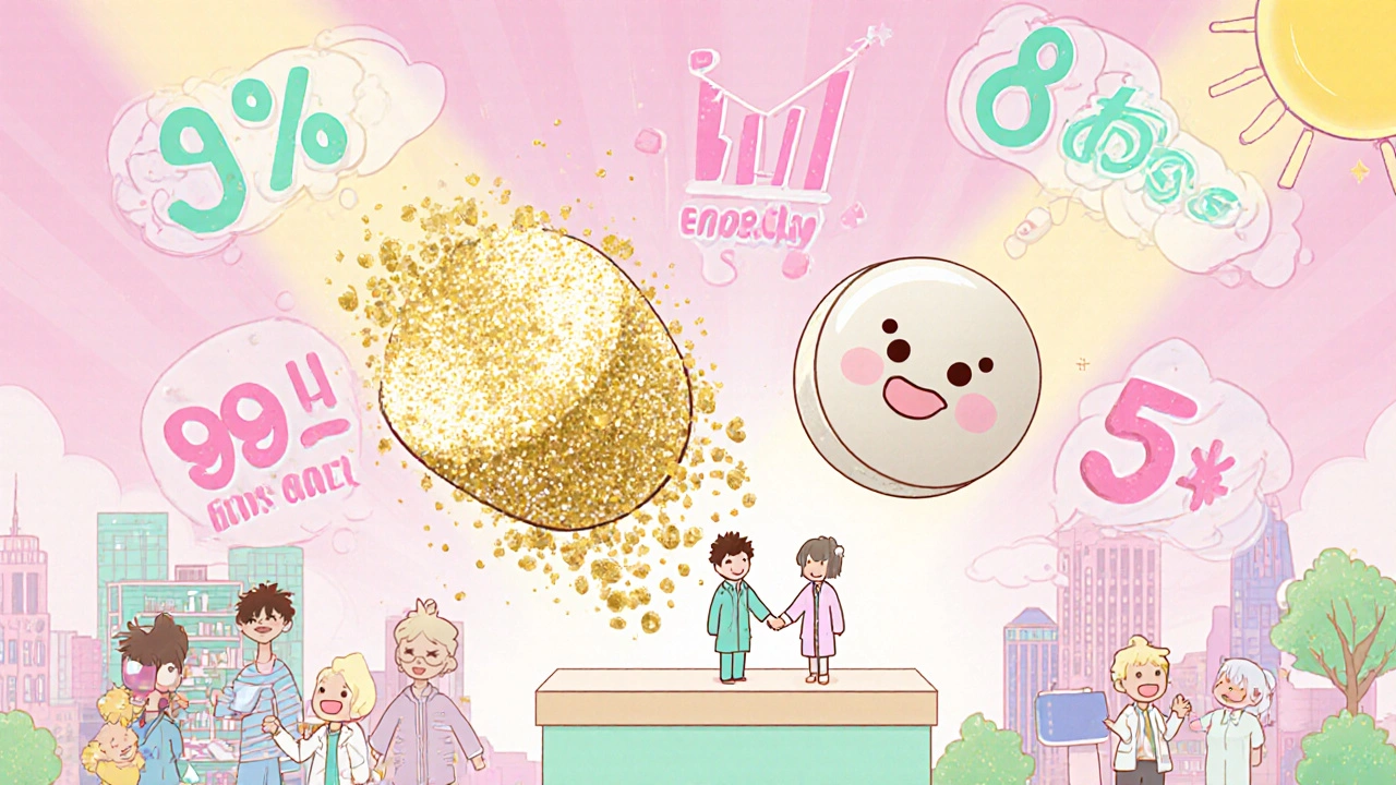 A brand-name pill turning into a smiling generic pill with glowing purity numbers and savings symbols.