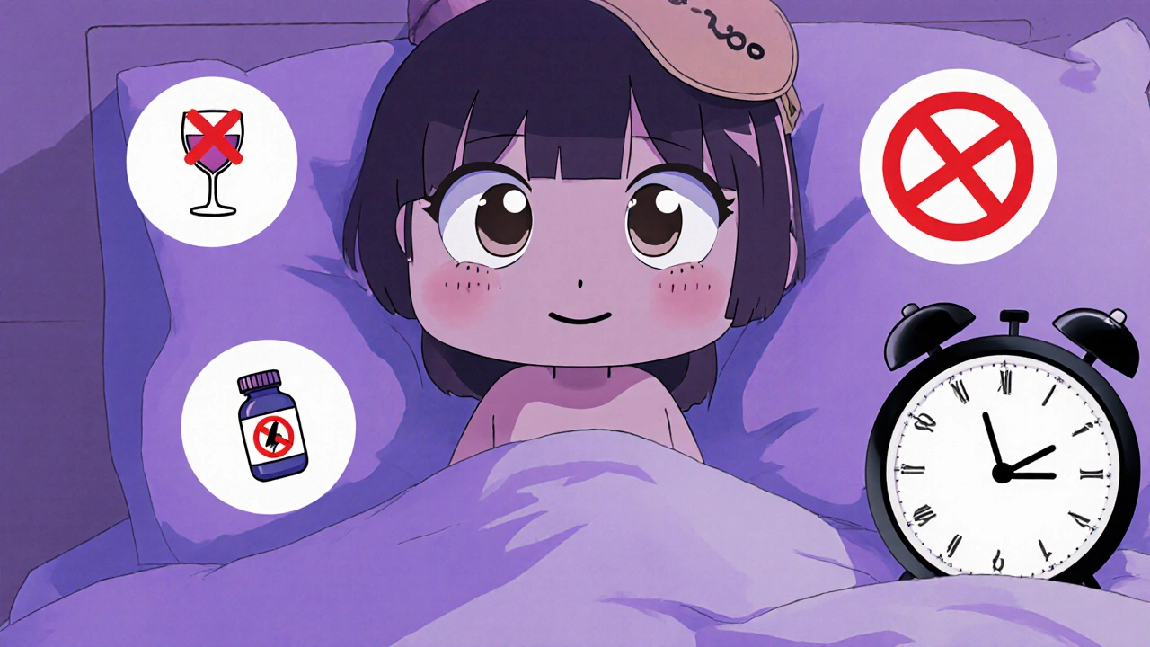 A character surrounded by cute warning icons for alcohol and drug interactions in kawaii style.