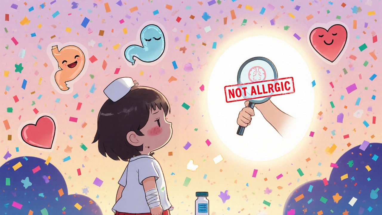A child being reassured by a nurse that their penicillin allergy label is wrong, with joyful symbols and a glowing stamp.