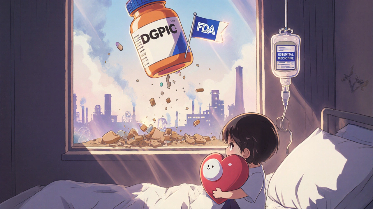 A child on a hospital bed watches a generic drug bottle crumble into dust while a tiny essential medicine flag floats above.