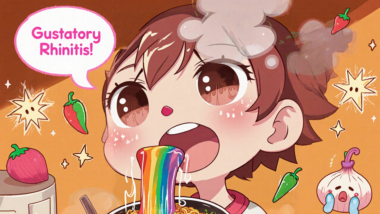 A cute person eating spicy ramen with a rainbow snot stream coming from their nose, surrounded by floating pepper icons.