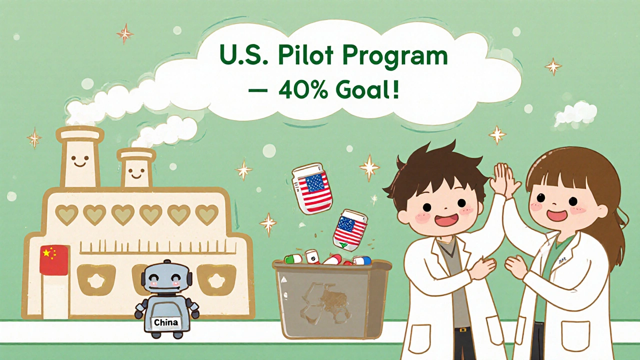 A cute U.S. drug factory produces pills with American flags while overseas ingredients are recycled.