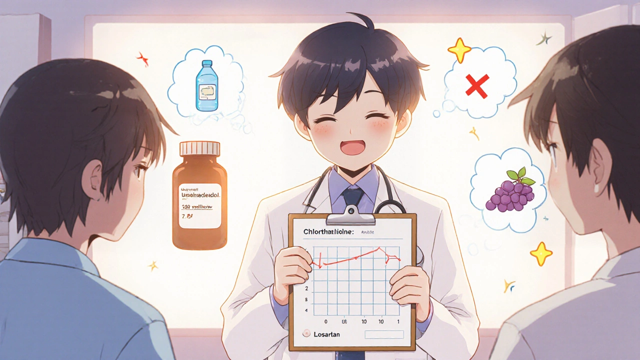 A doctor explains uric acid levels to a patient, with safe blood pressure meds glowing beside a risky one.