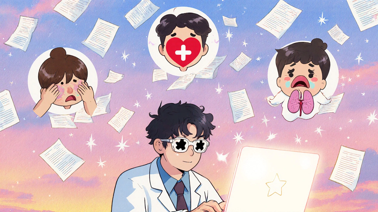 A doctor typing as floating patient avatars show health crises, paper forms raining down in kawaii style.